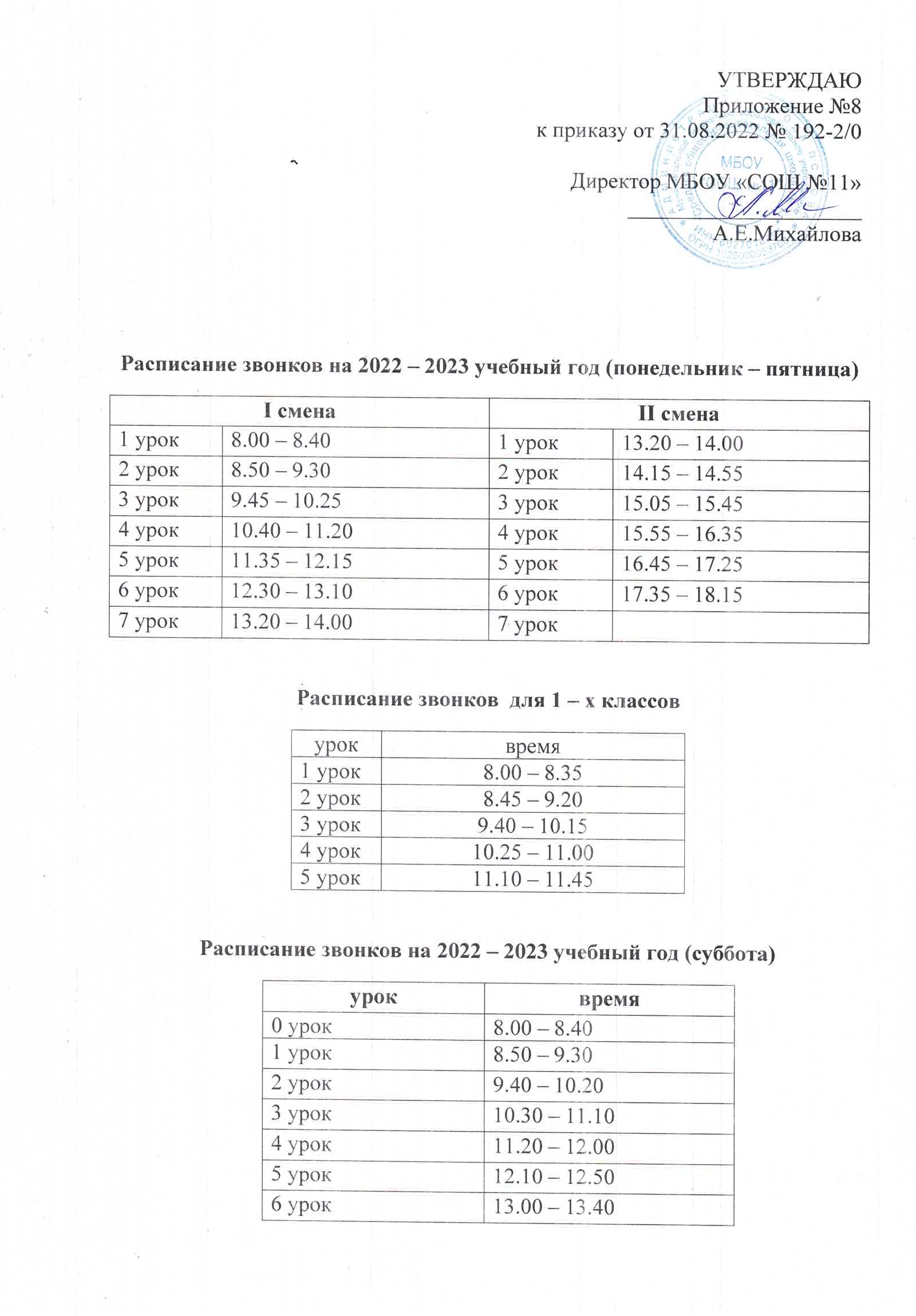 Расписание звонков.